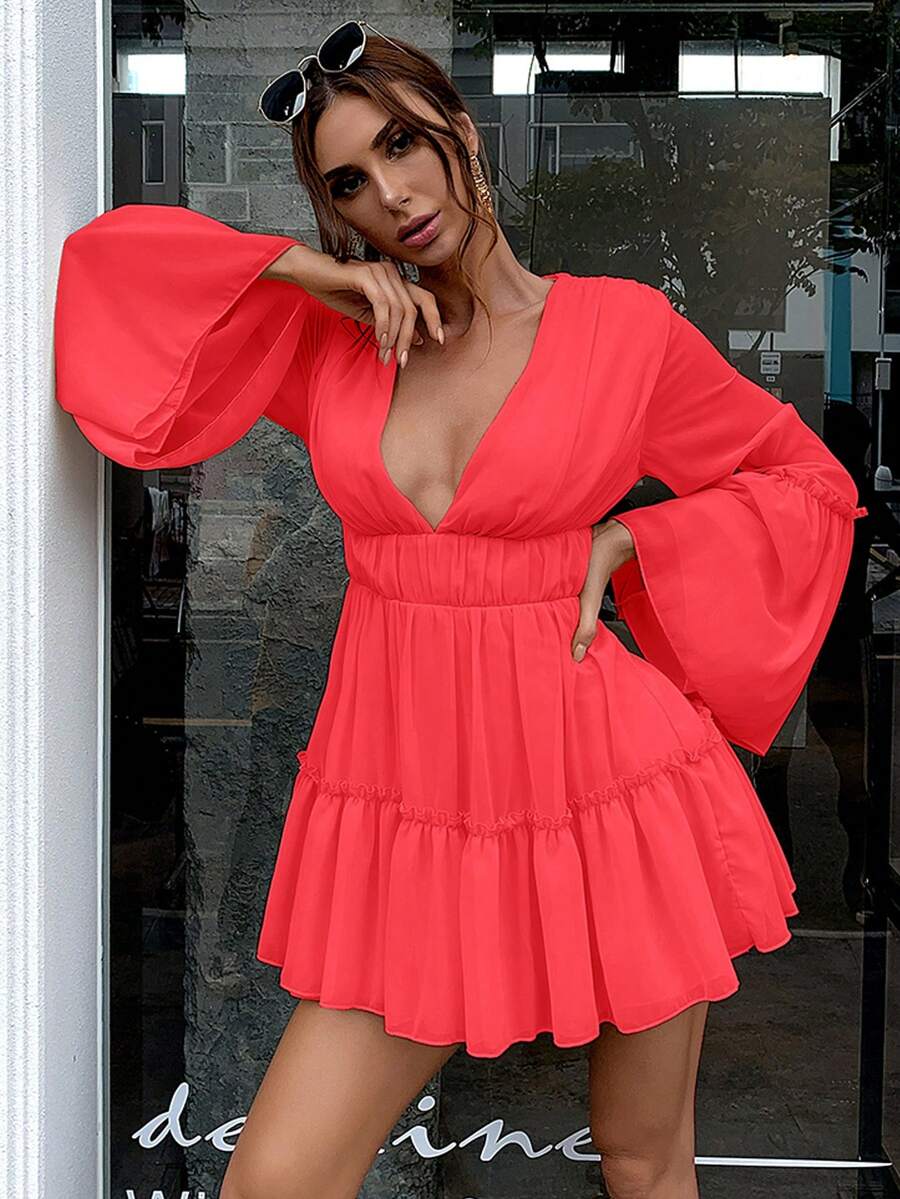 Missord Women Deep V-Neck Solid Color Simple Long Sleeve Dress - Hot Pink - View 1