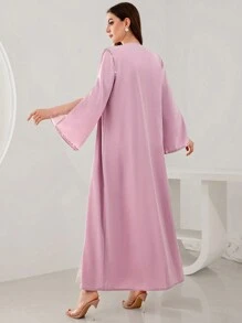 Al Najma Coffee Color Grid Sheer Classic Handmade Modest Long Sleeve Arabian Abaya With Rhinestones, Robe - Pink - View 2