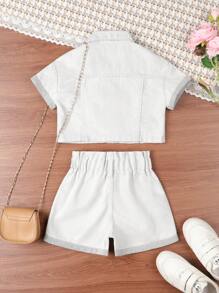 Baby Girl Frayed & Embroidered Denim Shorts Set - Black and White - View 2