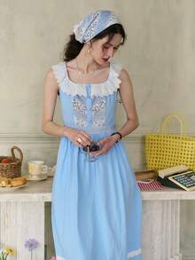 Simple Retro 女式對比花邊方領裙（前胸對稱褶皺、隨機剪裁腰線、前後腰部綻放花紋） - 藍色 - 查看 5