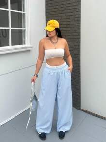 Flirla Plus Size Women's Elastic Waist Blue And White Striped Patchwork Pants - Blue and White - View 1