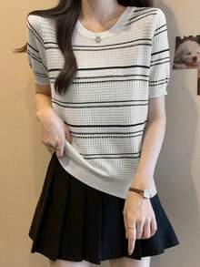 Top de mujer tejido con rayas en bloque de colores y mangas cortas - Blanco - Ver 4