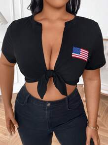 Flirla Large Women's Knitted Cross Twisted T-Shirt - Black - View 5