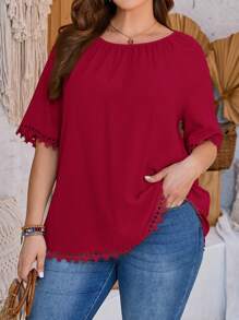 EMERY ROSE Plus Size Women's Summer Fashion Solid Color Ruched Lace Trim Blouse - Burgundy - View 1