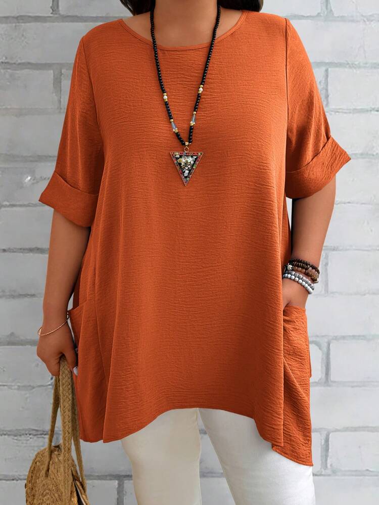 Plus Size Women's Summer Blue Round Neck Short Sleeve Double Pocket Loose Casual Mom Shirts