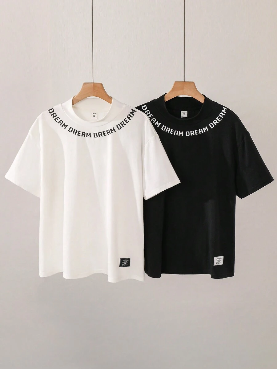 SHEIN Tween Boys Extended Size Casual Letter & Printed Pattern Stand Collar Pullover Short Sleeve Knit T-Shirt (Multi-Pack, One In Each Color) - Multicolor - View 1