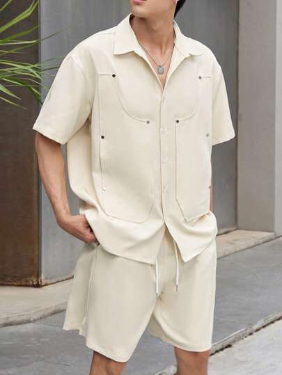 Manfinity Hypemode Men Summer Solid Color Buttoned Short Sleeve Shirt And Shorts With Pockets