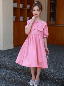 女孩编织深粉色海军蓝领前开口纽扣泡泡袖松紧腰拼接 A 字裙适合度假和郊游，夏季母女搭配服装（2 件单独出售） - 珊瑚粉 - 查看 5