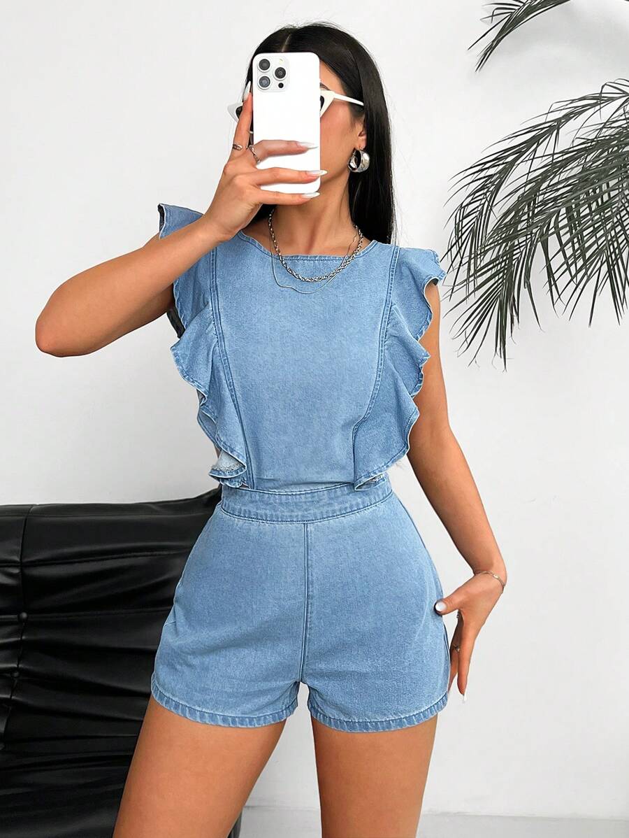 SHEIN EZwear Bộ đồ liền thân denim khoét lưng khoét lưng thông thường dành cho nữ, mùa hè - Màu xanh lam - Xem 1