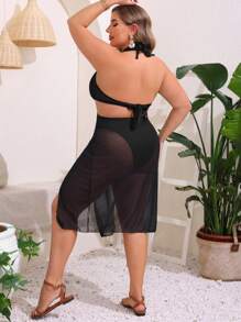 SHEIN Swim Curve 大尺碼夏季海灘純色透明網紗分割泳裝裙 - 黑色 - 查看 2
