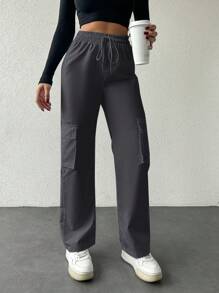 RueChic Drawstring Waist Multi-pocket Long Pants - Grey - View 1