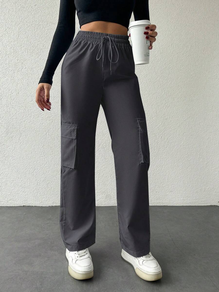 RueChic Drawstring Waist Multi-pocket Long Pants - Grey - View 1