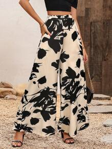 SHEIN Clasi Calças femininas de cintura alta largas de perna longa soltas com estampa de plantas para estilo de férias - Damasco - Visão 3