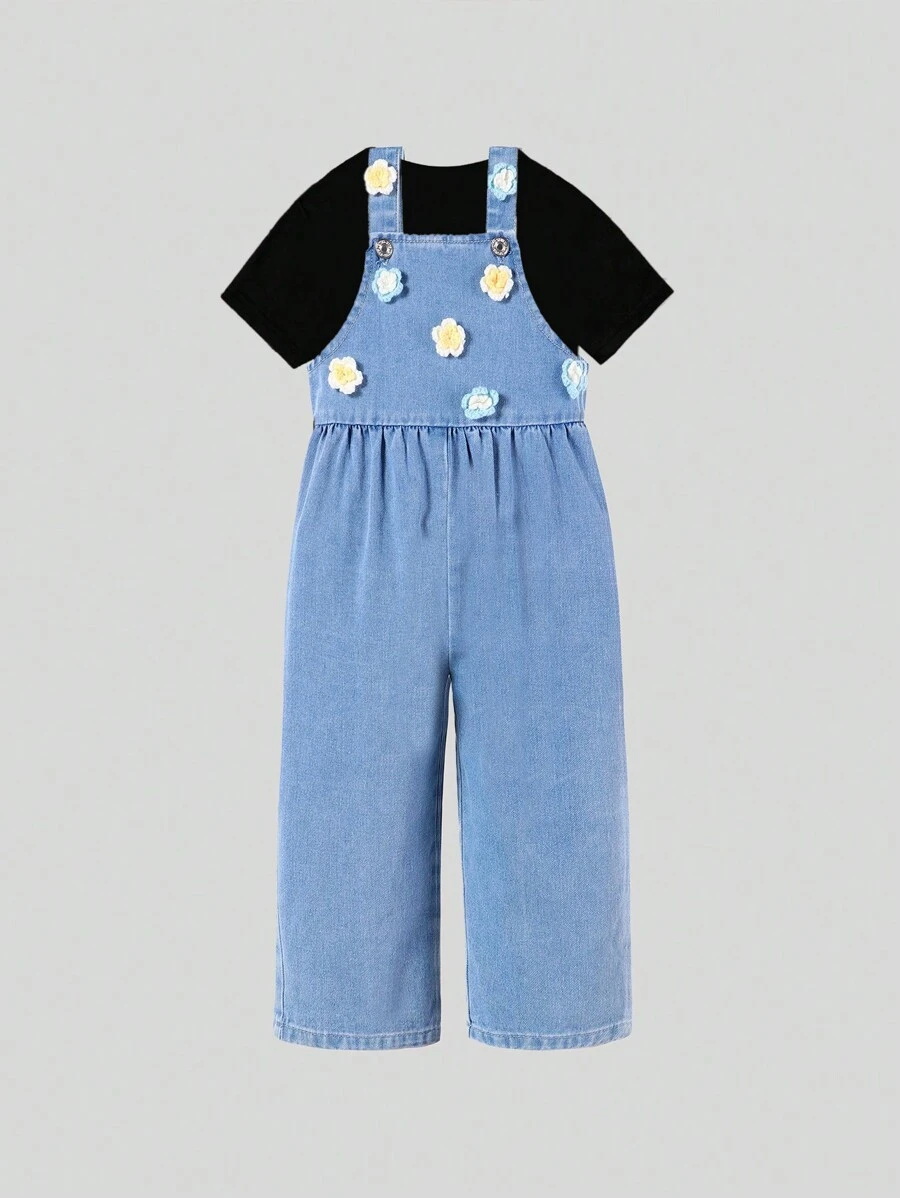 Monos y Mono de mezclilla con relieve floral de ganchillo cómodos y bonitos para niñas jóvenes