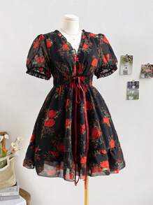 Soleia Black Base With Red Rose Floral V-Neck Tie Waist A-Line Romantic Casual Holiday Plus Size A-Line Dress - Multicolor - View 1