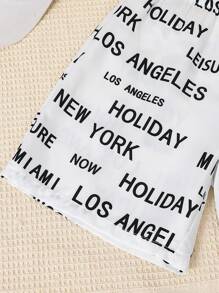 SHEIN Tween男童加大碼全印花英文字母立領短袖鈕扣恤衫和短褲套裝，夏季 - 白色 - 查看 8