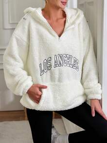 SHEIN Cottnline Thêu Chữ Thả vai Dây rút Teddy Hoodie - trắng - Xem 3