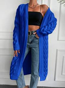 EURMUSE 女式絞花針織中長開襟衫 - 寶藍色 - 查看 3