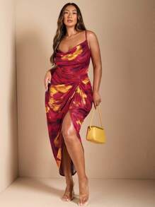 SHEIN BAE 女士加大夏季常规/节日/约会/派对 V 领开衩拼色扎染印花连衣裙，女士生日礼服 - 紅色 - 查看 3