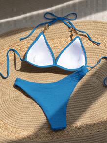 SHEIN 女士純色綁頸性感比基尼套裝，夏日海灘泳衣 - 藍色 - 查看 2