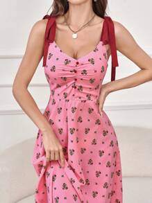 Modelyn Women's Tie Strap High Waist Summer Sundress With Ditsy Floral - Pink - View 4