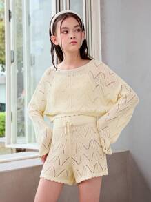 Tween Girl Casual Solid Color Comfortable Sweater Suit With Round Neckline And Pullover Top And Pants - Apricot - View 5