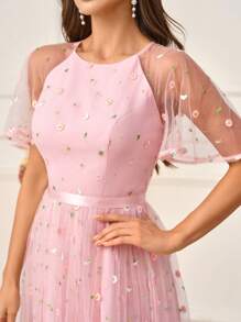 SHEIN Belle 女士浪漫清新蓮花粉色網紗刺繡面料圓領連衣裙，荷葉邊飾，透明袖子，緞面采用皮帶，背部刺繡，A線中長款連衣裙，適合浪漫婚禮季節、婚禮活動、母親節、與好友搭配、返校季節、音樂節、伴娘禮服（標準尺寸） - 粉色 - 查看 5