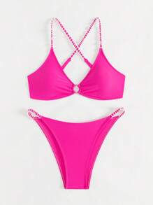 Women's Summer Beach Plain Circular Link Cross Back Sexy Bikini Set - Hot Pink - View 4