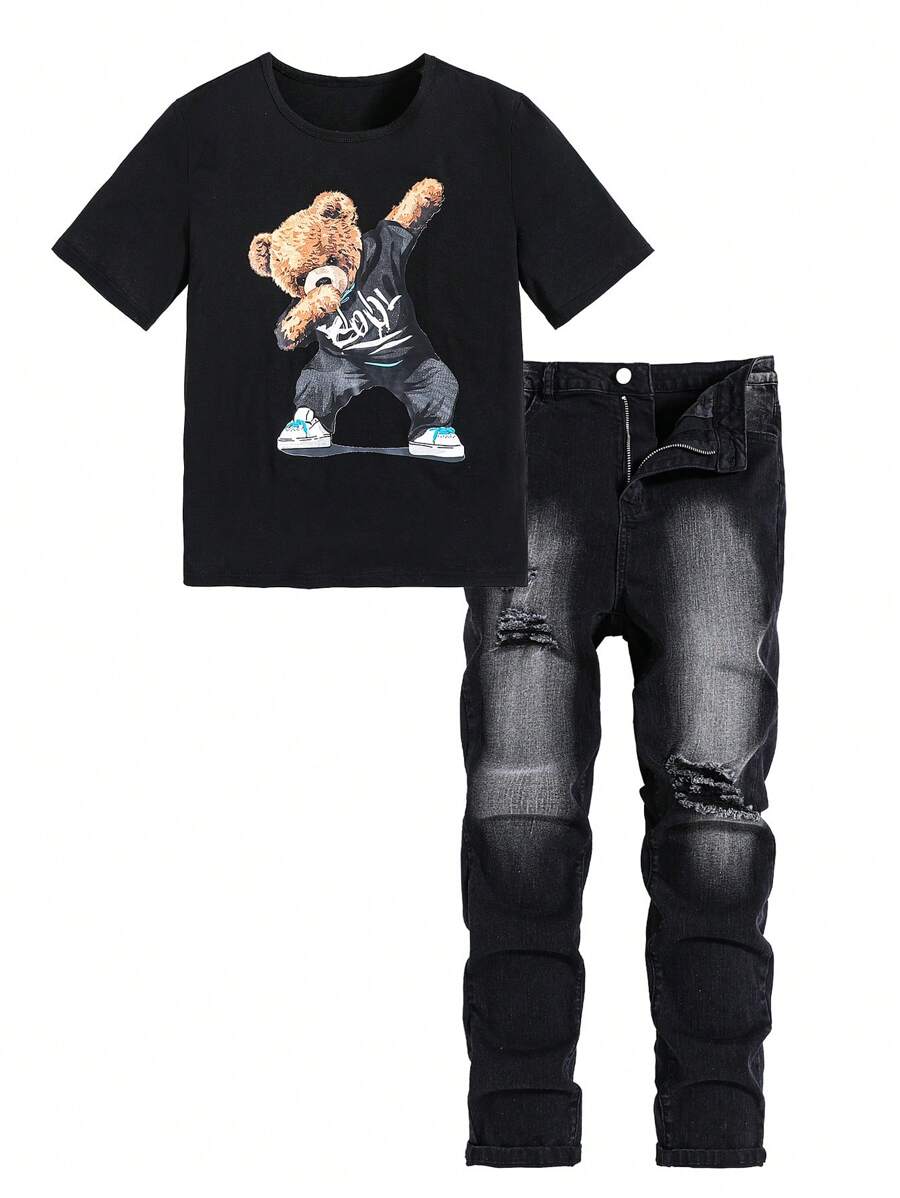 SHEIN 2入組少年熊印花短袖針織T恤和棉牛仔破洞牛仔褲，春夏季套裝