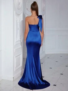 ADYCE Váy dự tiệc cocktail satin xẻ đùi nhún một bên vai thanh lịch cho tiệc tối dự tiệc cưới, tốt nghiệp, tiệc tối - Xanh đậm - Xem 2