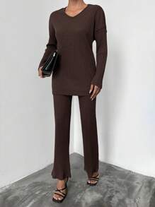 SHEIN Cottnline Ladies' Solid Color Round Neck Long Sleeve T-Shirt And Trousers Two-Piece Set - Brown - View 1