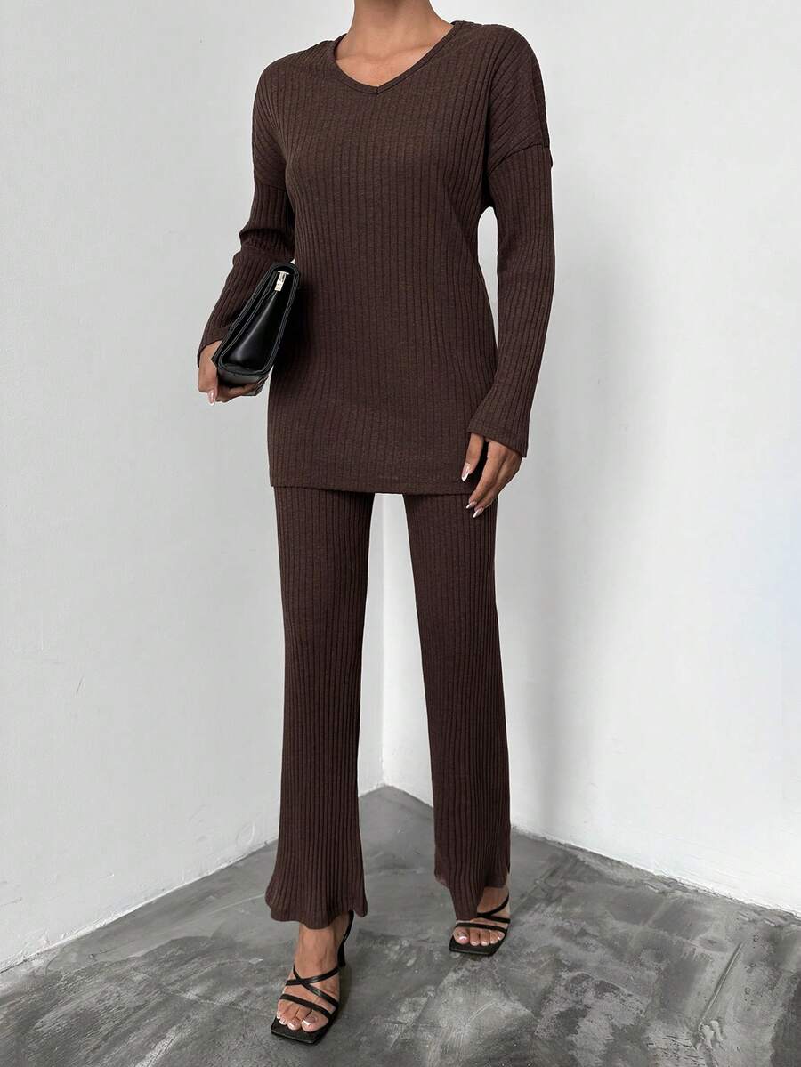 SHEIN Cottnline Ladies' Solid Color Round Neck Long Sleeve T-Shirt And Trousers Two-Piece Set - Brown - View 1