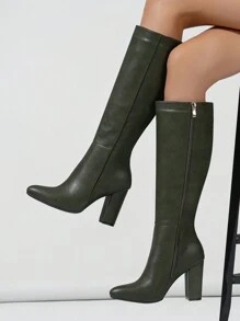时尚欧美高跟拉链尖头细踝靴，秋冬舒适 - 墨綠色 - 查看 2