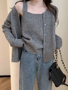 女士毛衣兩件套 - 灰色 - 查看 3