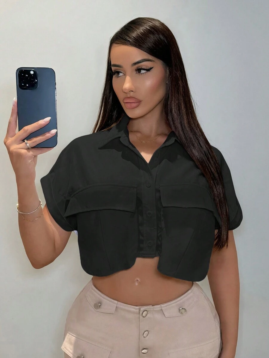 SHEIN SXY Camisa blanca corta de manga corta para verano - Negro - Ver 1