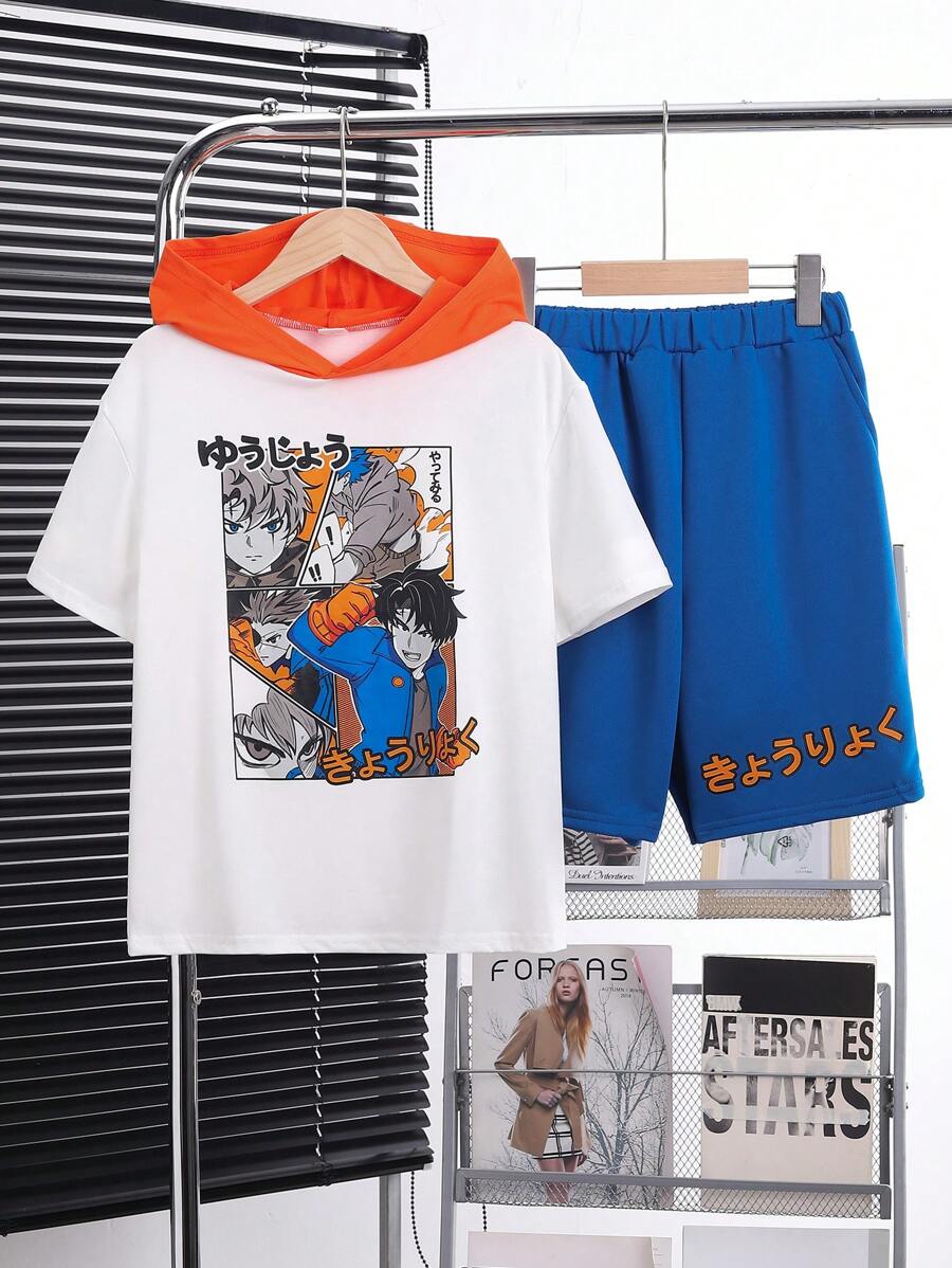 SHEIN Tween Boys' Casual Street-Style Printed Color-Block Cap Short Sleeve Tee And Shorts Knitted Two-Piece Set - Multicolor - View 1