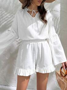 EURMUSE Cotton Women Blouses With Tassels & Shorts With Ruffles - White - View 6