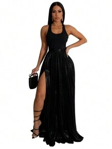 女士金属面料高开衩半身裙，适合夏季派对穿着，黑色春季款 - 黑色 - 查看 7