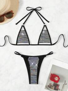 Swim SXY 女士夏季沙灘金屬質感綁頸比基尼套裝 - 黑色 - 查看 3