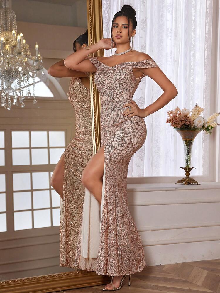 Vestido de noche de cola de pez con hombros descubiertos, con abertura alta y lentejuelas - Champán - Añade 4