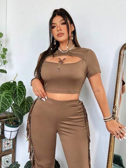 SHEIN Unity Plus Size Knitted Hollow Out Short Sleeve Top And Fringed Long Pants 2pcs/Set