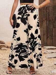 SHEIN Clasi Calças femininas de cintura alta largas de perna longa soltas com estampa de plantas para estilo de férias - Damasco - Visão 4