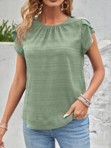 EMERY ROSE Blusa de manga de pétalo de unicolor con agujero de cerradura en la espalda - Verde - Ver 4