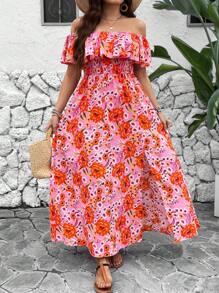 SHEIN LUNE Plus Paisley Print Off Shoulder Ruffle Trim Split Thigh Boho Long Dress For Summer - Pink - View 2