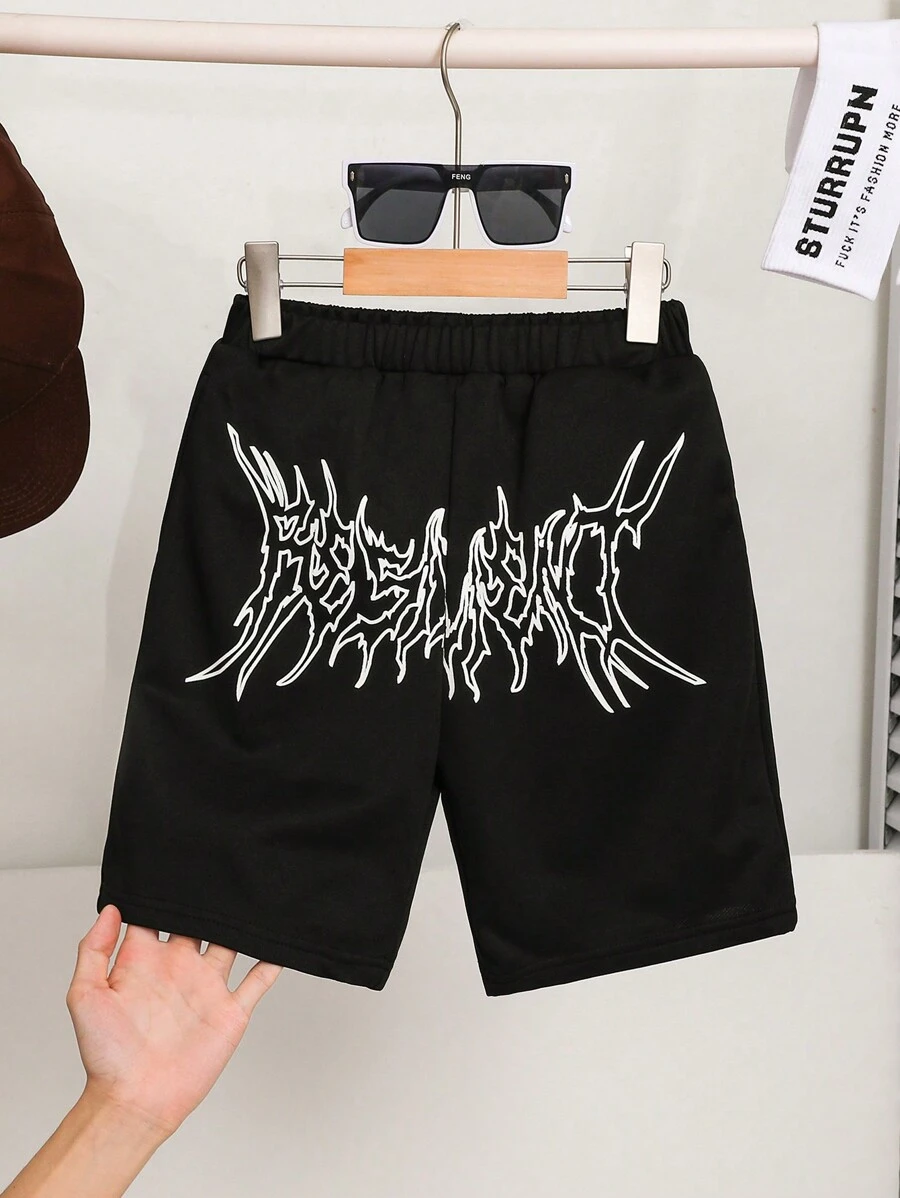 SHEIN Tween Boy Phong cách đường phố giản dị in quần short dệt kim rộng - màu đen - Xem 1
