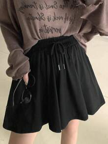 Rok celana pendek kasual warna polos musim panas dengan tali serut dan pinggang elastis, warna hitam. - Hitam - View 7