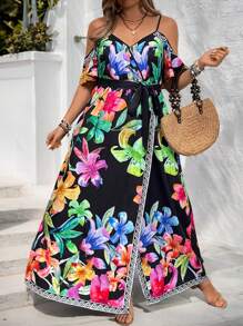 SHEIN VCAY Plus Size Kỳ nghỉ Spaghetti dây đeo lệch vai Áo dài in hình - Nhiều màu - Xem 3