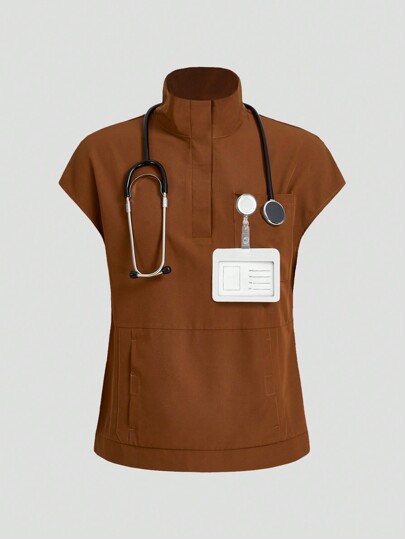 TaskEZ Solid Color Stand Collar Short Sleeve  Uniform  Scrub Top