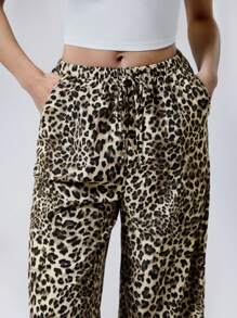 LYSMO Women's Summer Fashionable Leopard Print Wide Leg Pants-Animal Prints Western - Khaki - View 5