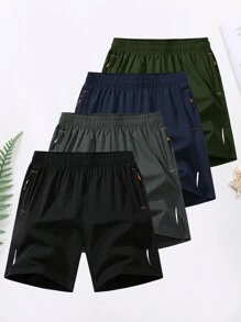 4 peças de Shorts esportivos casuais masculinos com elástico na cintura e bolso com zíper